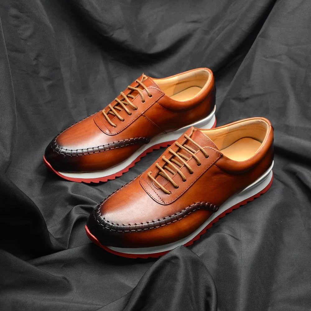 Classy Men's Genuine Leather Low Top Sneakers | Red Bottom Lace-Up Casual Dress Shoes (Breathable)