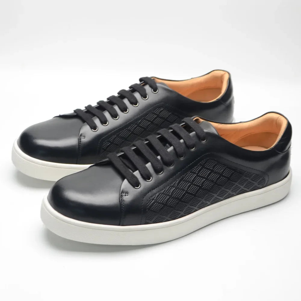 Luxury Designer Men's Genuine Leather Skateboard Sneakers | Classic Black, White & Brown Lace-Up Casual Oxfords