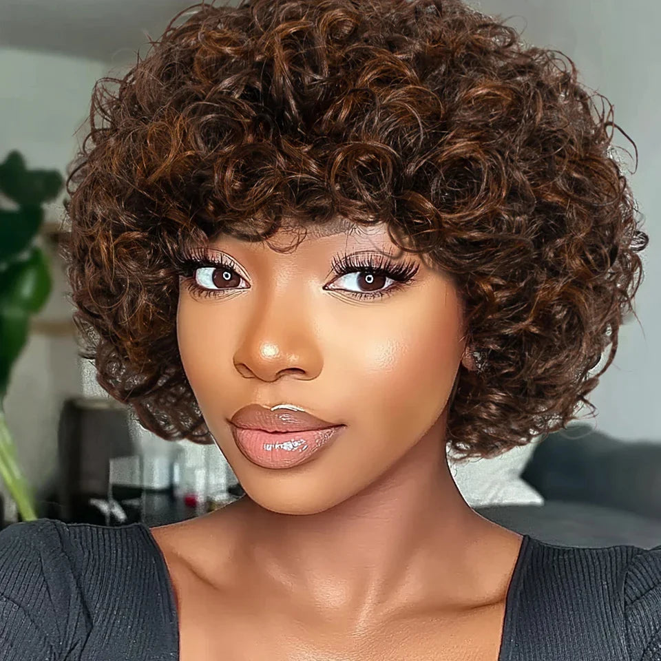 Sleek Short Pixie Afro Kinky Curly Wig with Bangs | Glueless Malaysian Human Hair Bob