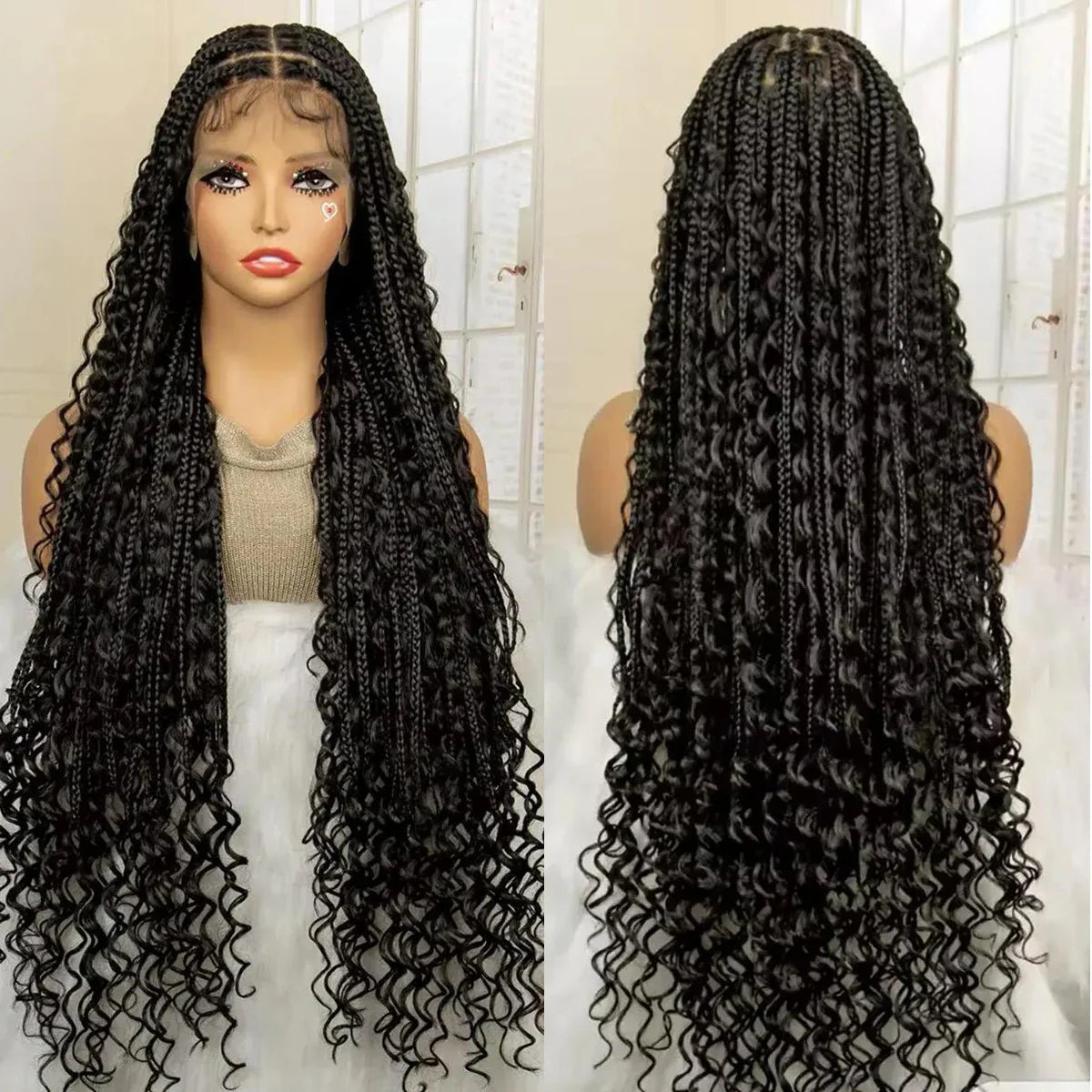Bohemian Knotless Braids Full Lace Wig - 28"-30" Curly Braided Wig for Black Women (Natural Black)