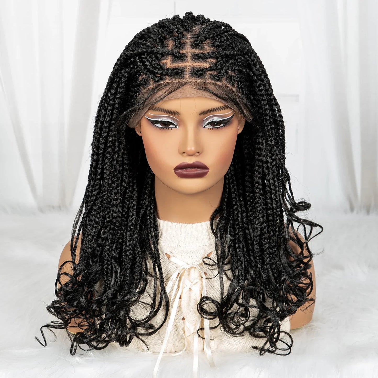 Burgundy Knotless Braids Wig with Curly Ends | 9x6 Lace Front | Blended Box Braids