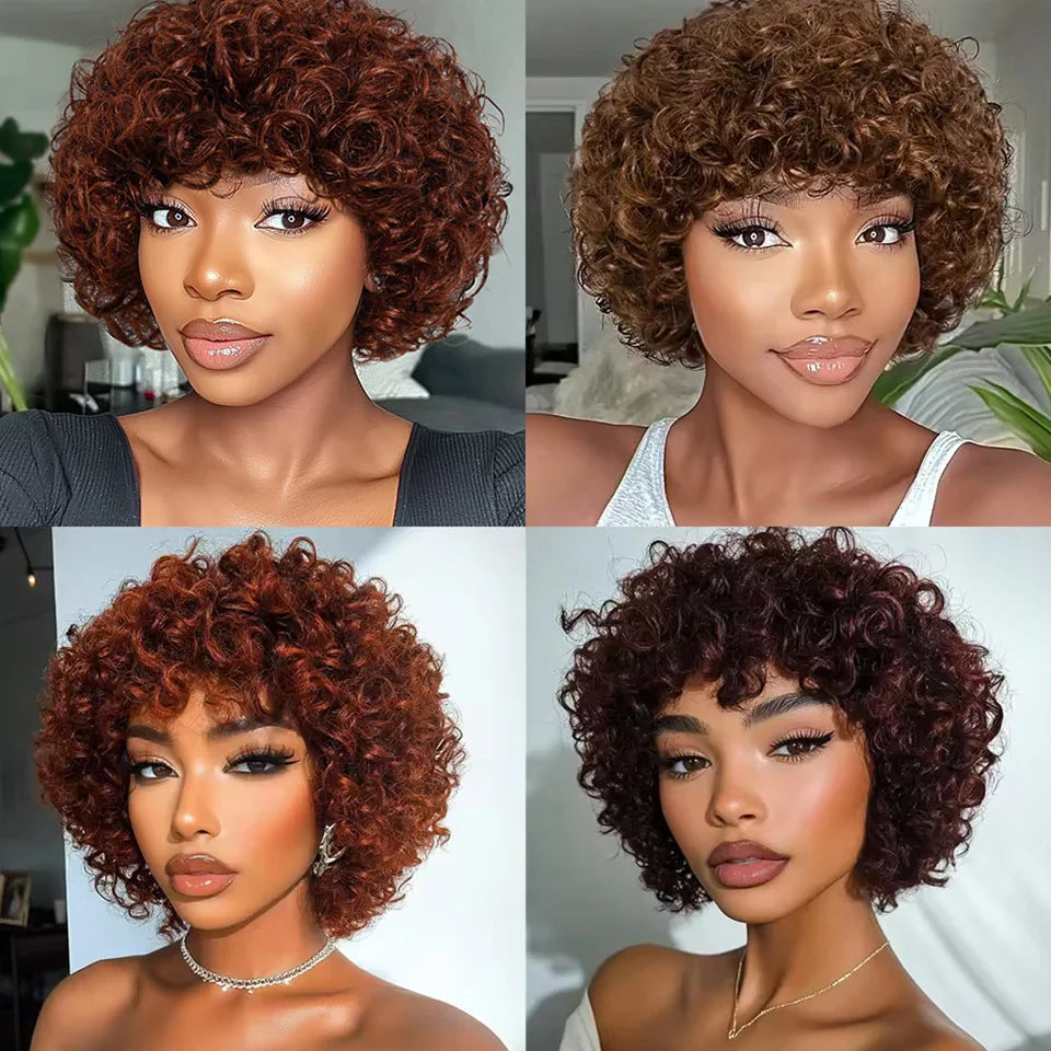 Natural Brown 99J Afro Kinky Curly Pixie Bob Wig | Full Machine Made Human Hair with Bangs