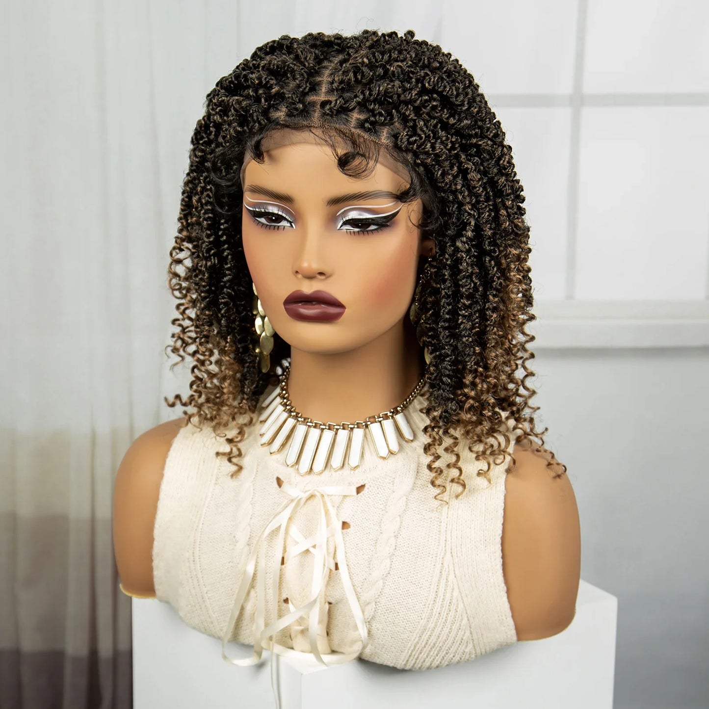 Short Knotless Box Braids Bob Wig with Curly Ends | Handmade Lace Front