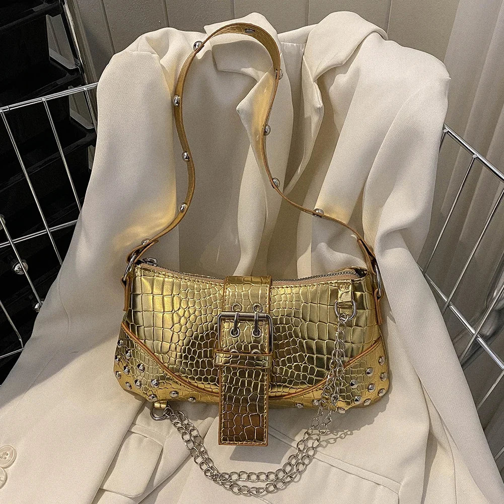 Fashion Women's Y2K Armpit Bag | Luxury Design Pleated Underarm Bag (Solid Color Shoulder Messenger Hobo Handbag with Chains & Rivets)