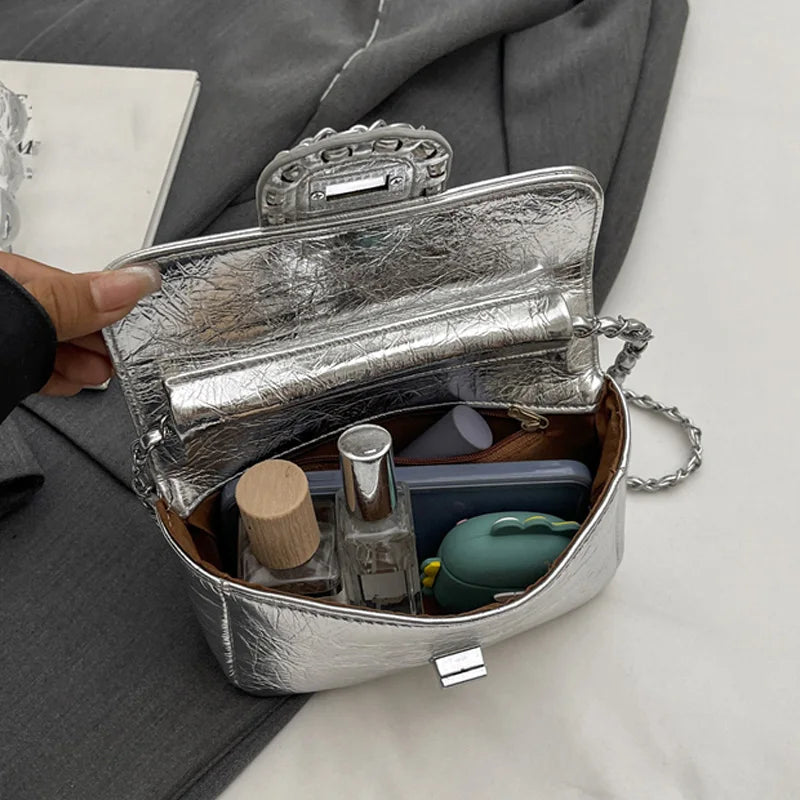 Silvery Luxury Handbags & Purse for Women | PU Leather Flip Messenger Shoulder Bag (Female Chain Crossbody Bag)