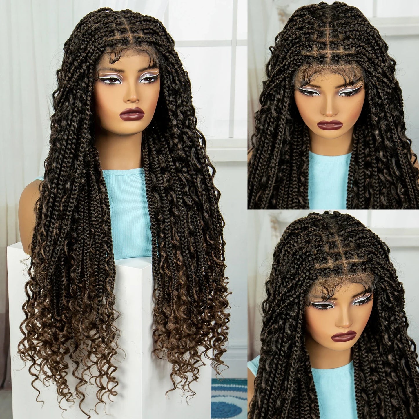 Ombre Knotless Braids Wig | Curly Ends | Full Lace | Baby Hair | Handmade