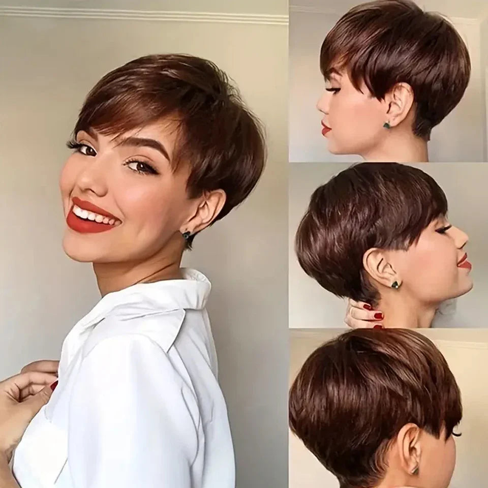 Rebecca Short Straight Pixie Bob Wig with Bangs | Glueless Brazilian Human Hair (Black & Brown)
