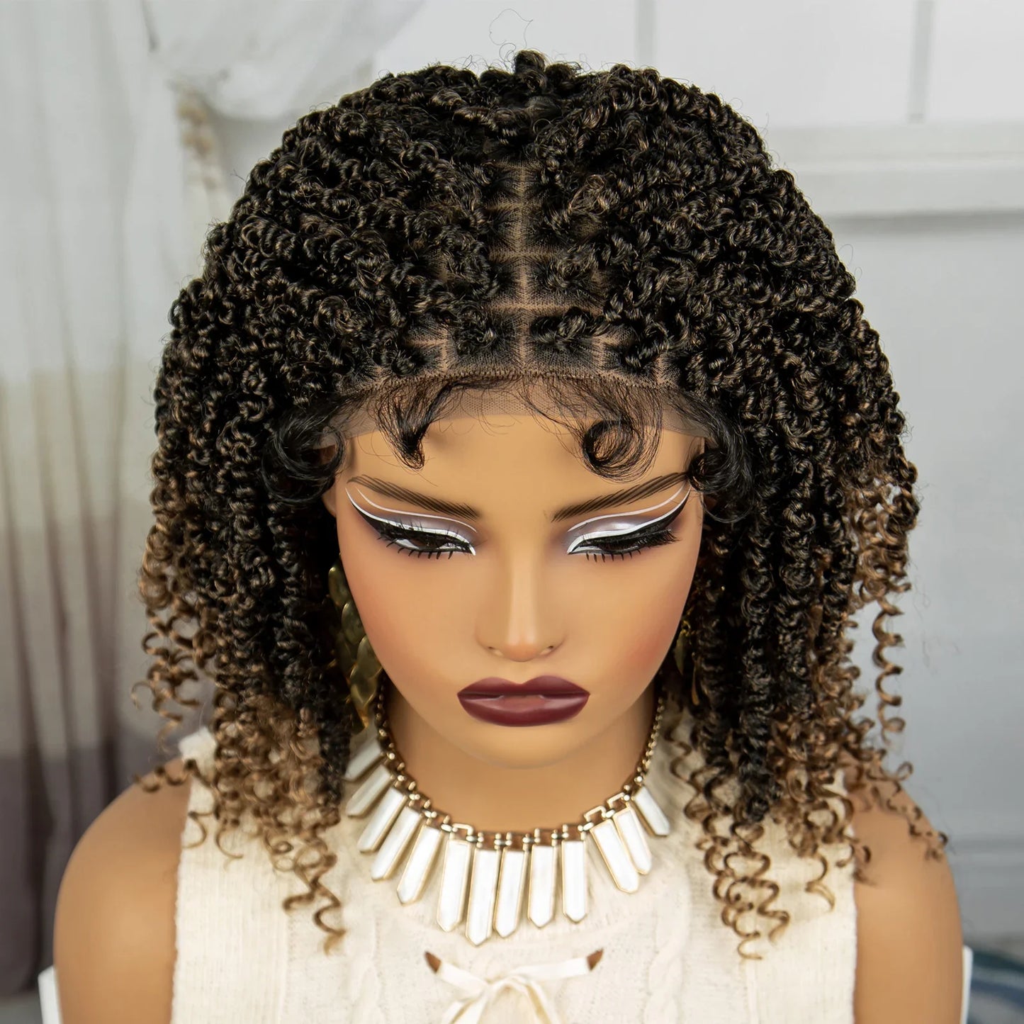 Short Knotless Box Braids Wig with Curly Ends | Handmade Lace Front Bob