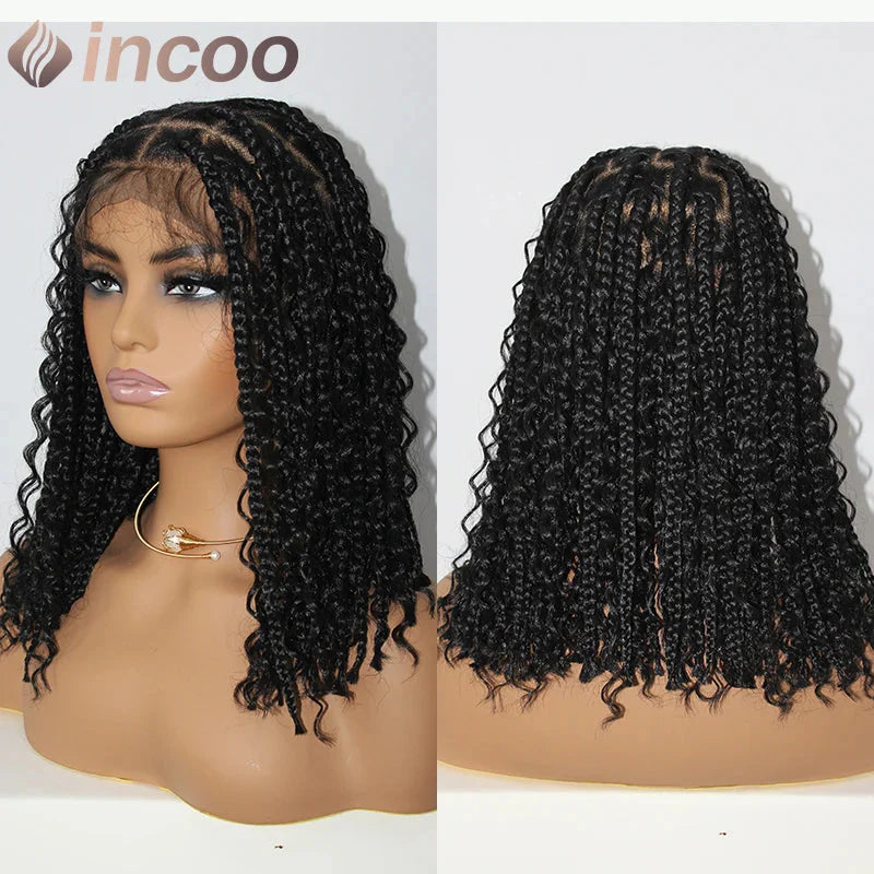 12" Boho Bob Braided Wig | Goddess Knotless Braids | 360 Full Lace | Curly Ends | Baby Hair