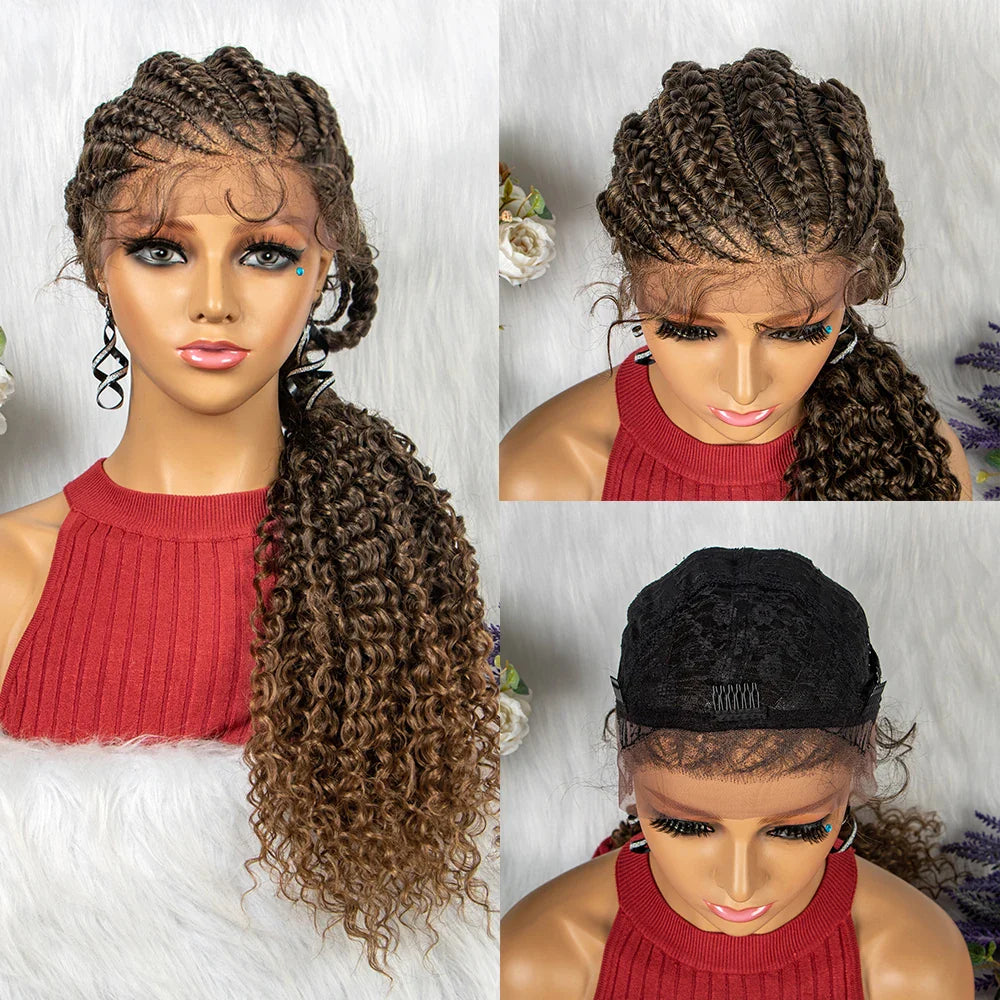 28" Knotless Cornrow Braids Wig with Curly Ends | Transparent Lace Front | Baby Hair