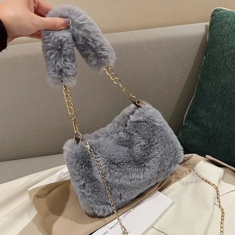 Fashion Women's Fluffy Shoulder Bag | Female Winter Chain Underarm Bag & Soft Plush Handle Handbag (Solid Color)