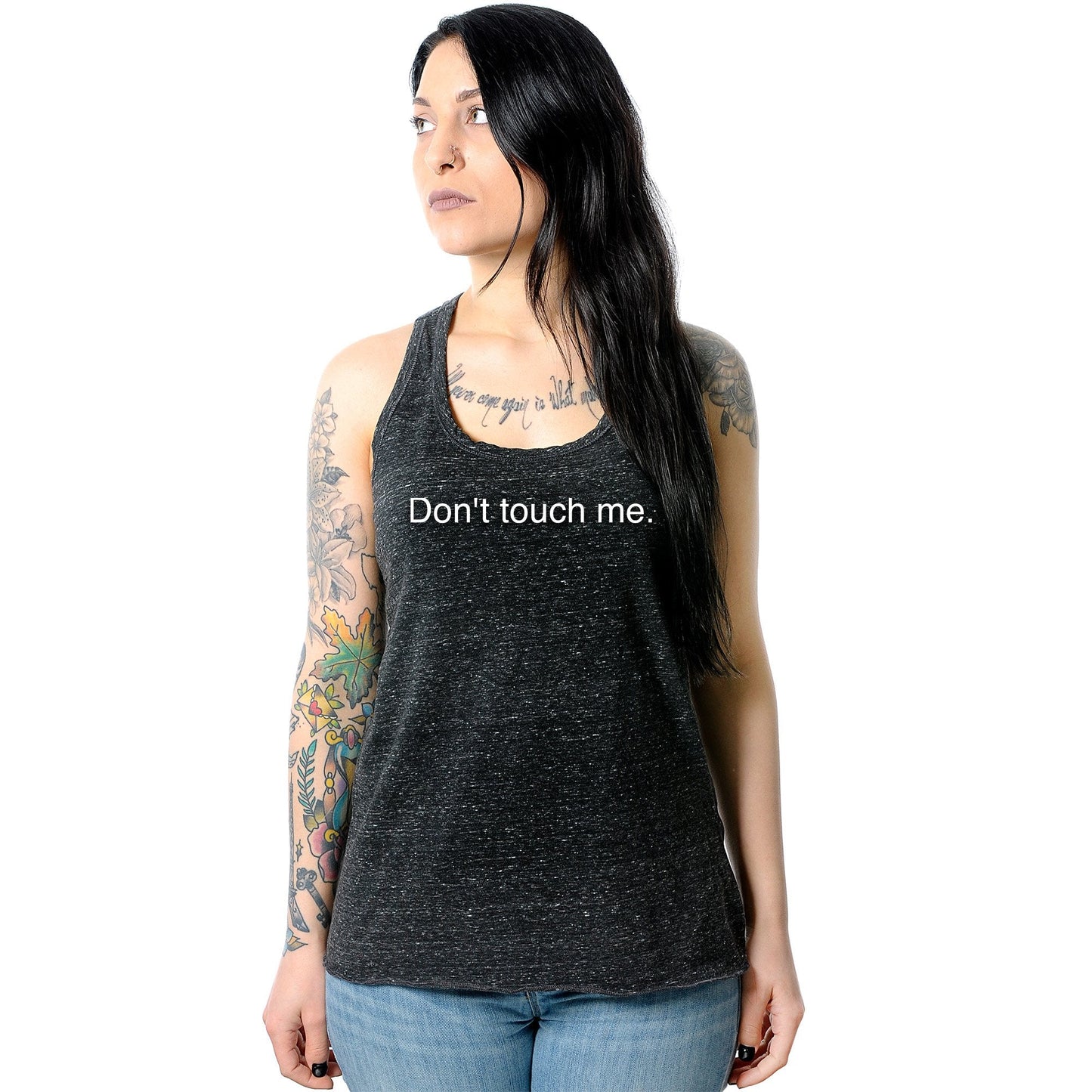Don't Touch Me Black Gray Cosmic Twist Back Tank Top