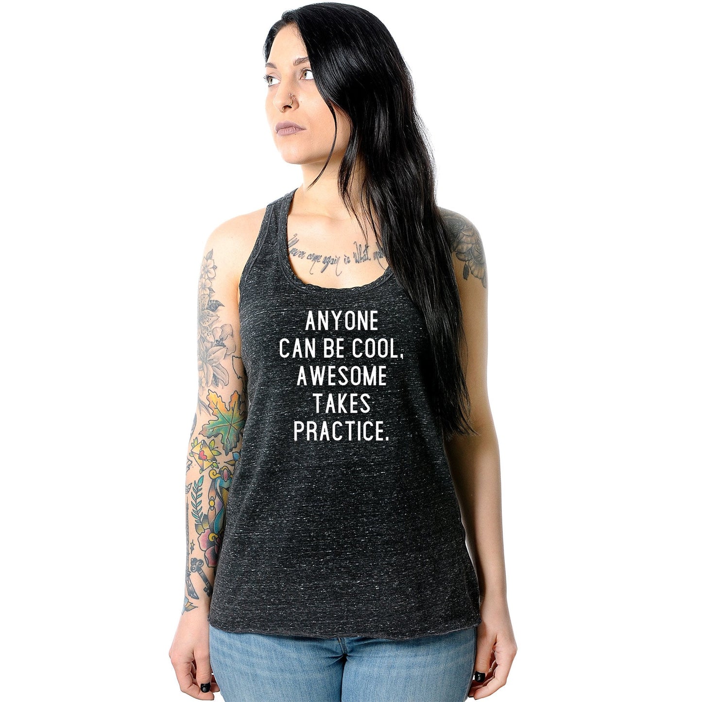 Anyone can be cool, but awesome takes practice Black Gray Cosmic Twist Back Tank Top