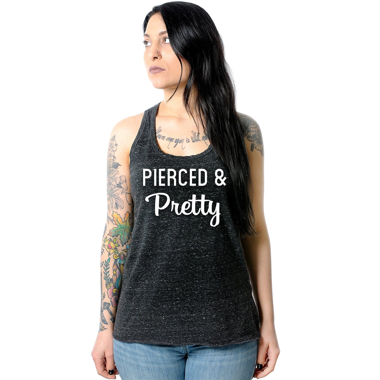 Pierced & Pretty Black Gray Cosmic Twist Back Tank Top
