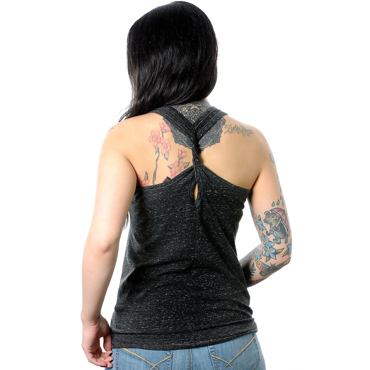 My Piercings Are My Story Black Gray Cosmic Twist Back Tank Top