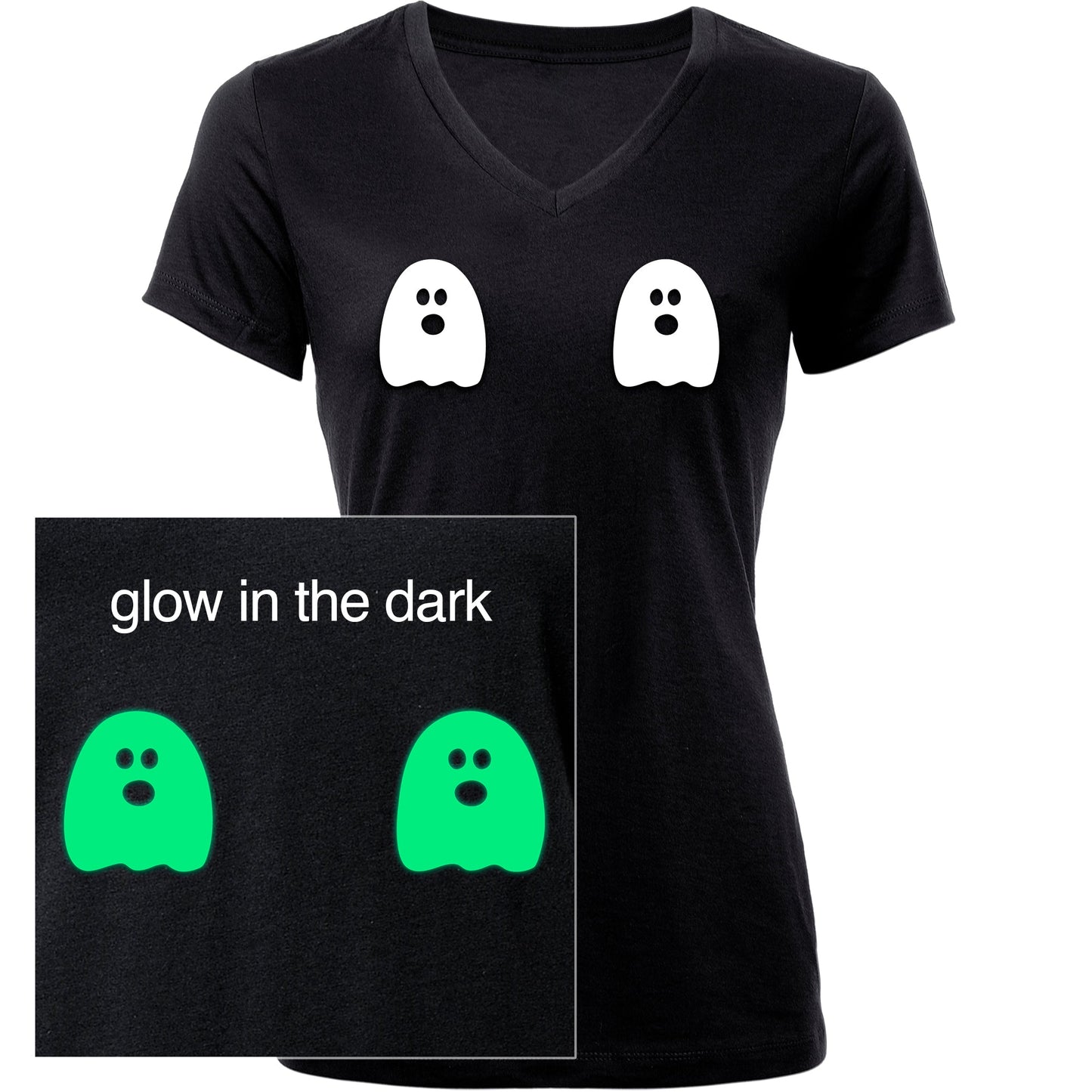 Halloween Glow in the Dark Ghost Boobies Tee V-Neck Tee Shirt 100% Cotton