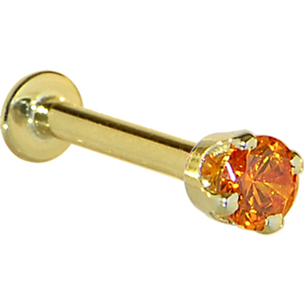 16G Solid 14K Yellow Gold 3mm Orange Cubic Zirconia Tragus Earring Stud