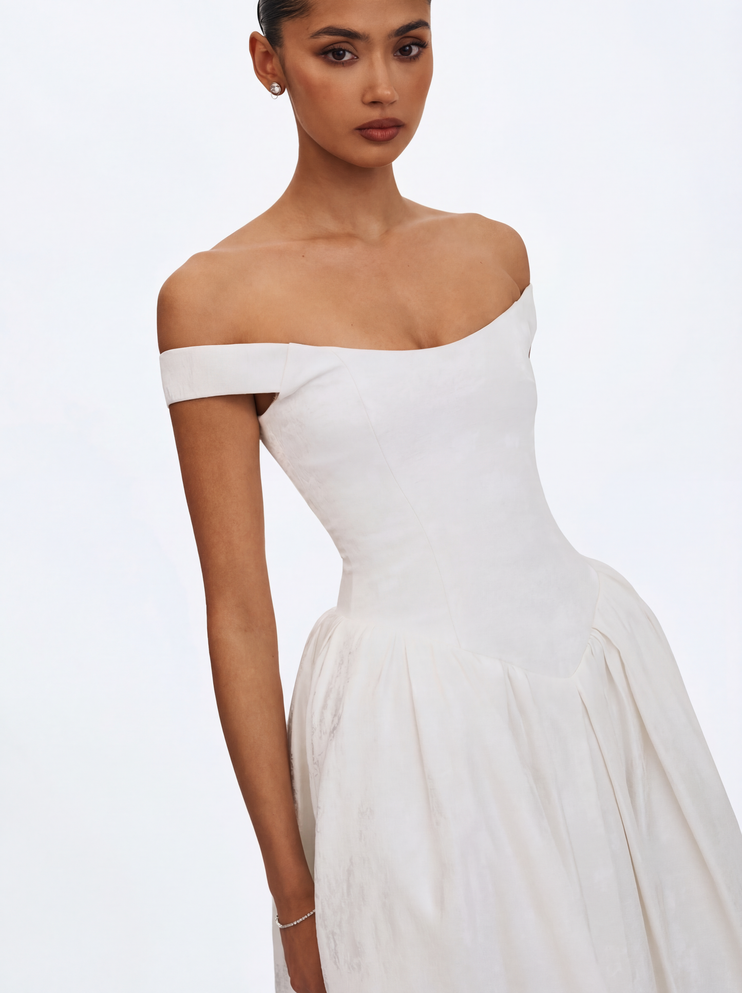 Tinsley White Jacquard Bardot Wedding Gown