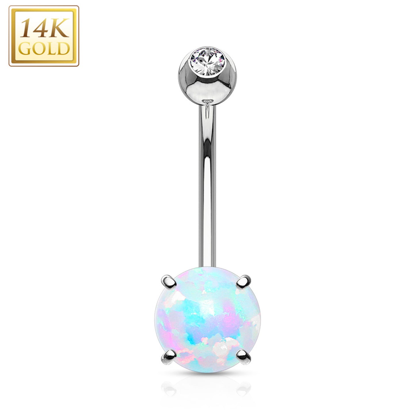 14k Solid White Gold Regal CZ 6mm Synthetic Opal Belly Ring
