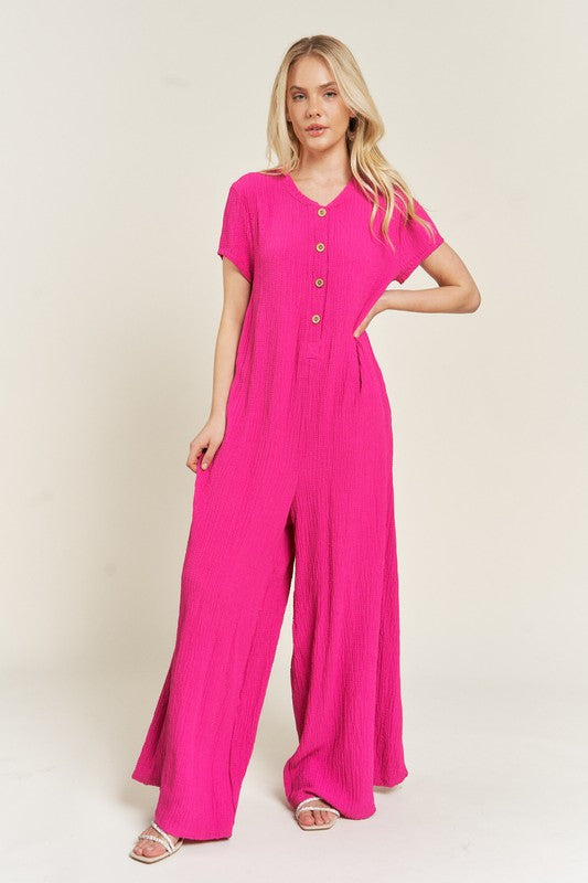 TEXTURED SHORT SLEEVE JUMPSUIT