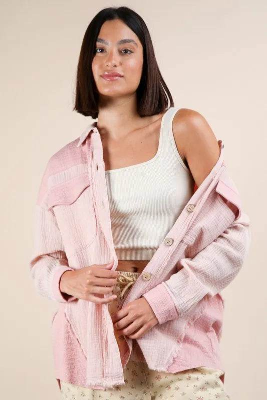 VERY J Mineral Washed Oversized Gauze Shacket