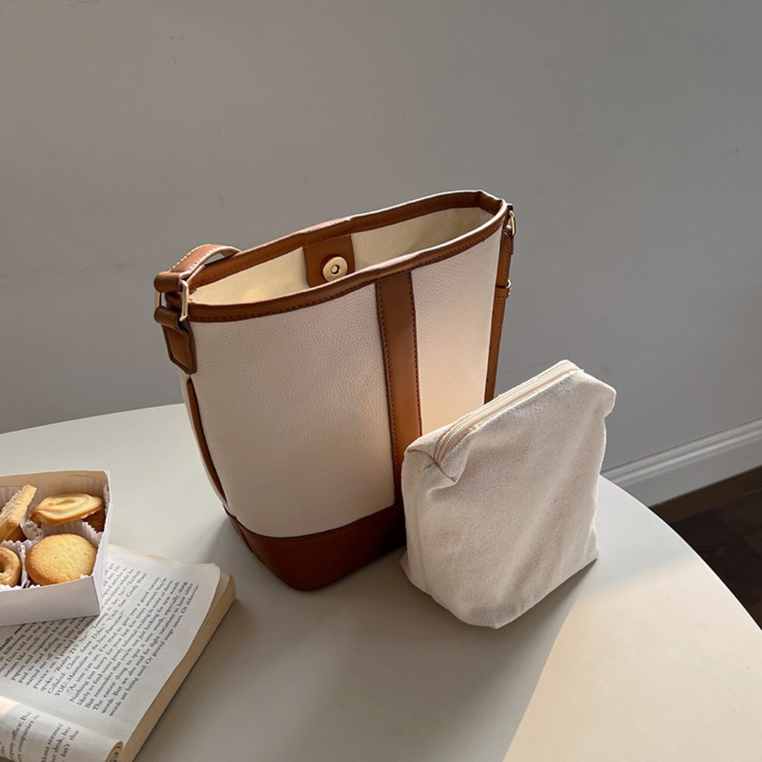 Retro Fashion Simple Texture Splicing Bucket Bag - Versatile Women's Shoulder & Crossbody Bag