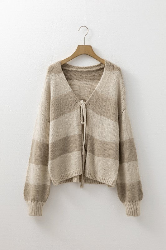 Stripe Colorblock Bow Tie Front Sweater Cardigan
