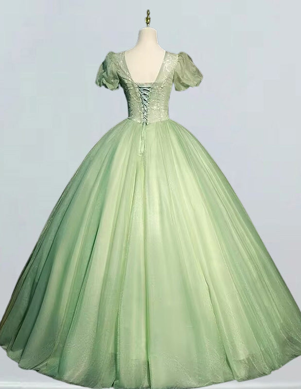 Sage green v neck short sleeve prom gown pleated beaded lace applique long wedding gown senior prom dress