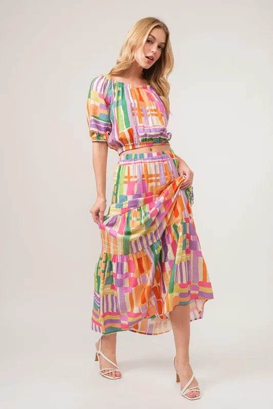 And The Why Asymmetric Geo Printed Tiered Maxi Skirt
