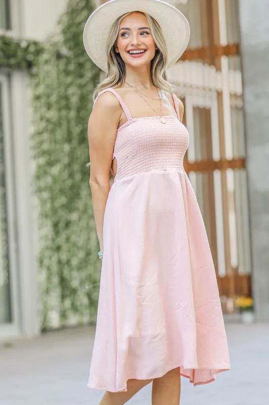 And The Why Smocking Open-Back Sleeveless Midi Dress