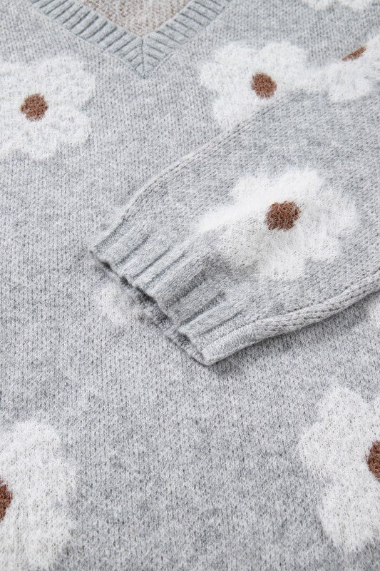 Floral V-Neck Drop Shoulder Baggy Sweater
