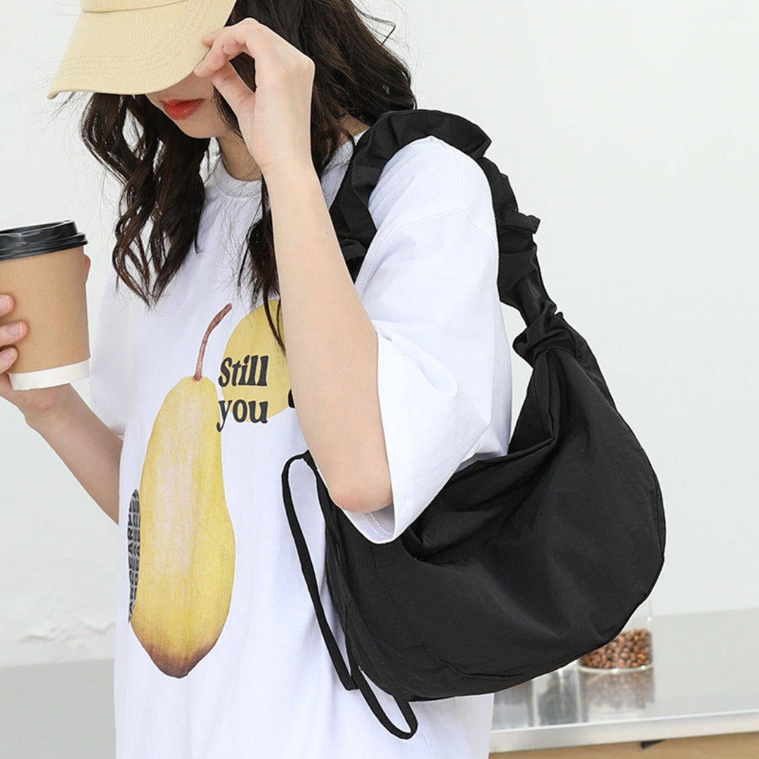 Small shoulder women's casual, pleated nylon hobo bag, fashion drawstring canvas crossbody bag