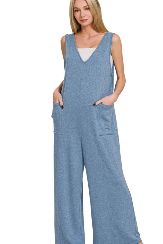 Zenana French Terry Deep V Neck Jumpsuits