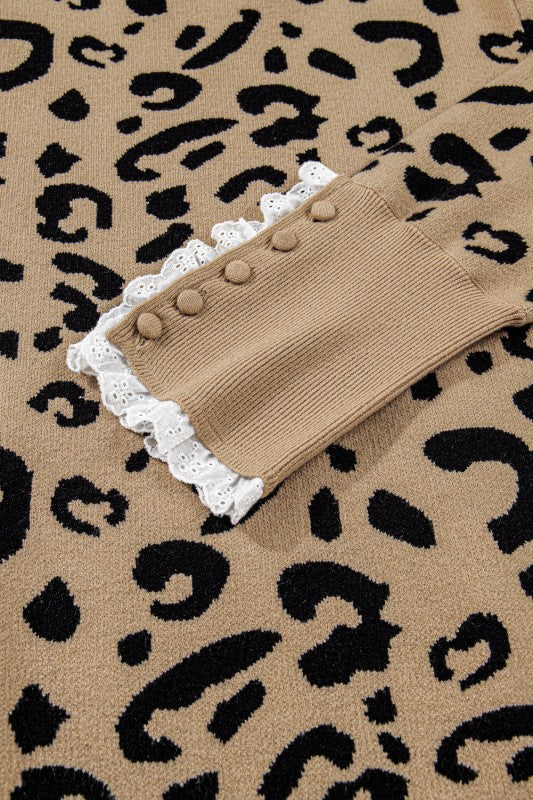 Plus Size Leopard Knit Lacy Trim Long Sleeve Sweat
