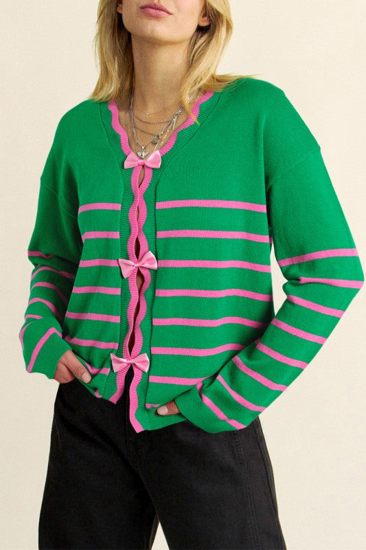Stripe Cute Bow Detail Sweater Knit Cardigan