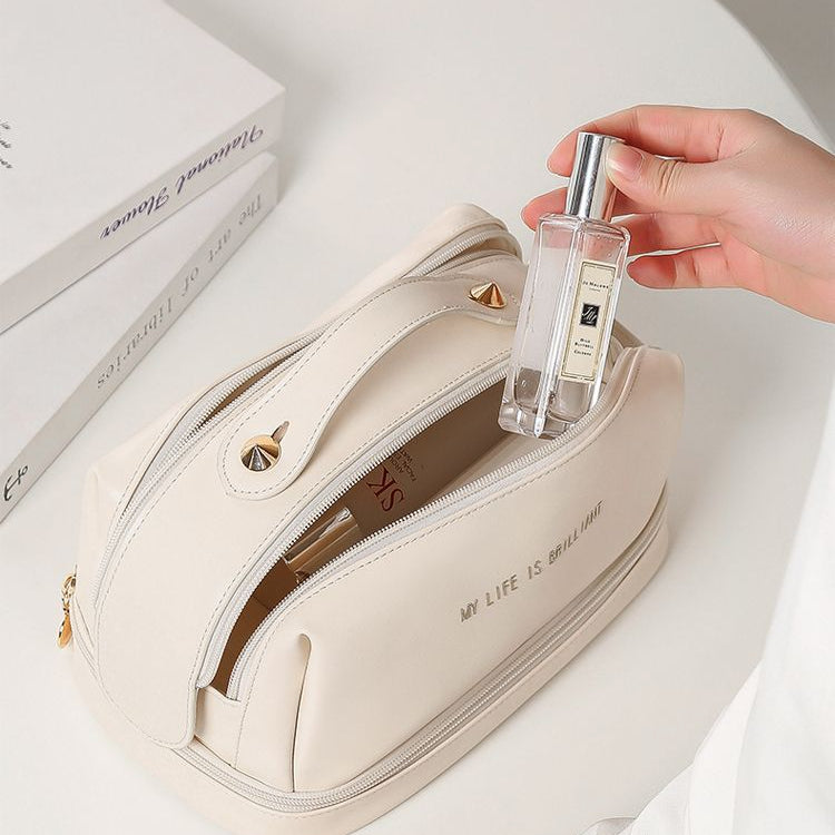 Double layer double zipper makeup bag for women,Large capacity women's cosmetic bag, PU leather toilet bag, cosmetic storage bag, makeup bag organizer,