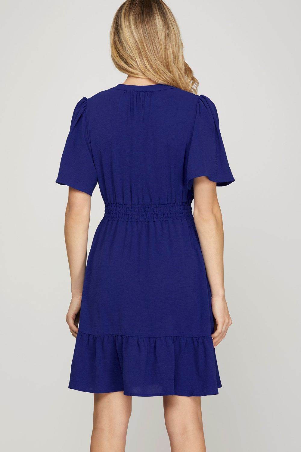 She + Sky Ruffled Hem Notched Flutter Sleeve Mini Dress