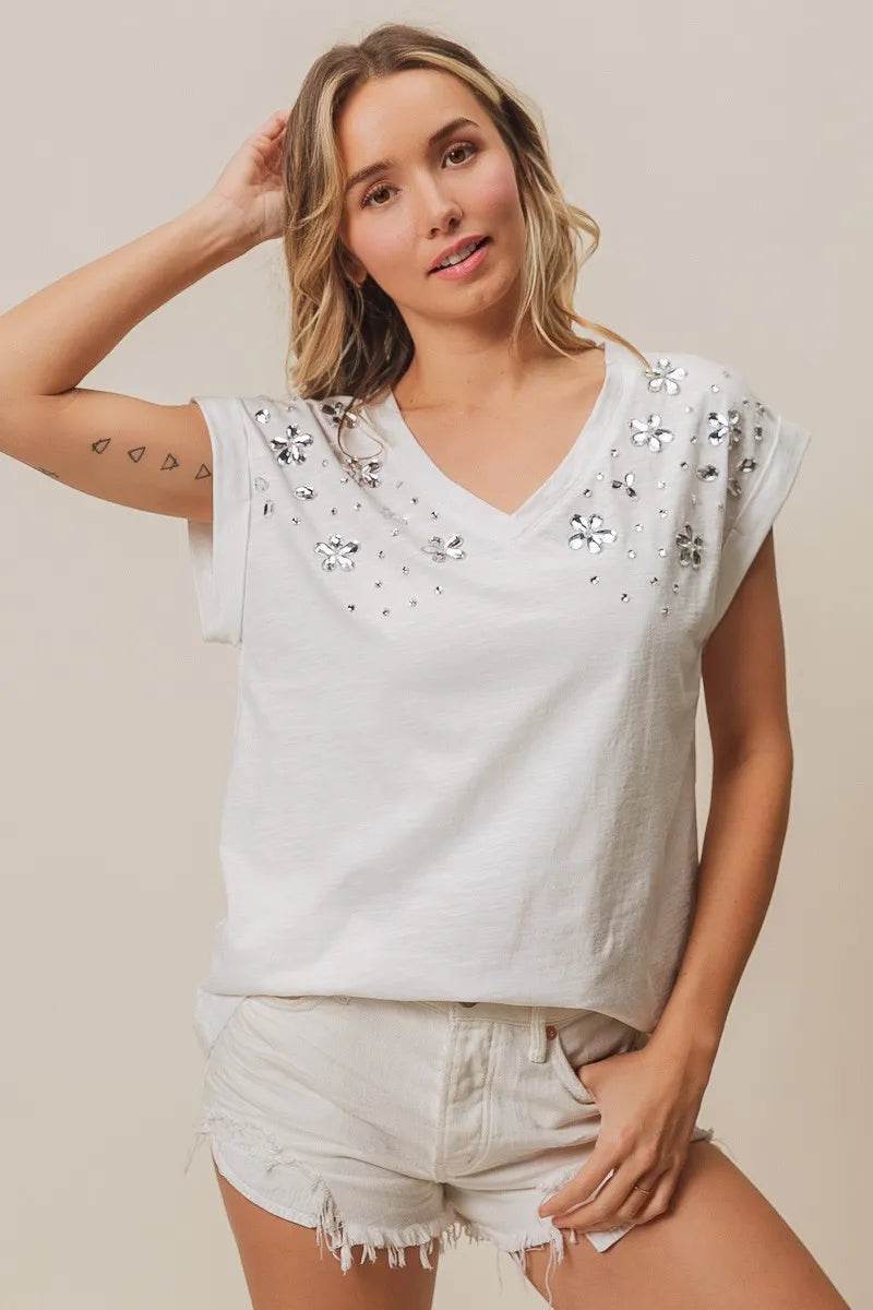 BiBi Slub Jersey Rhinestone V Neck Top