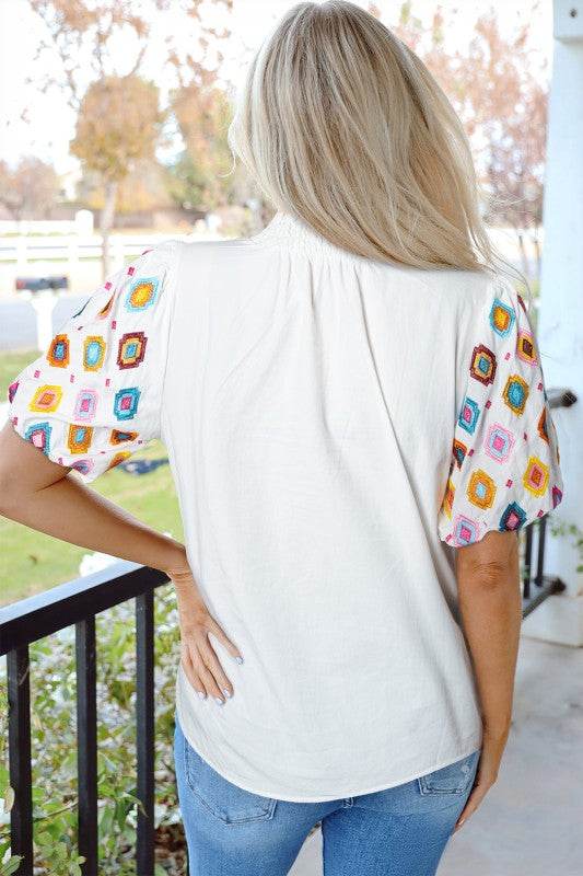 Khaleesi Embroidered Smocked Neck Puff Sleeve Top