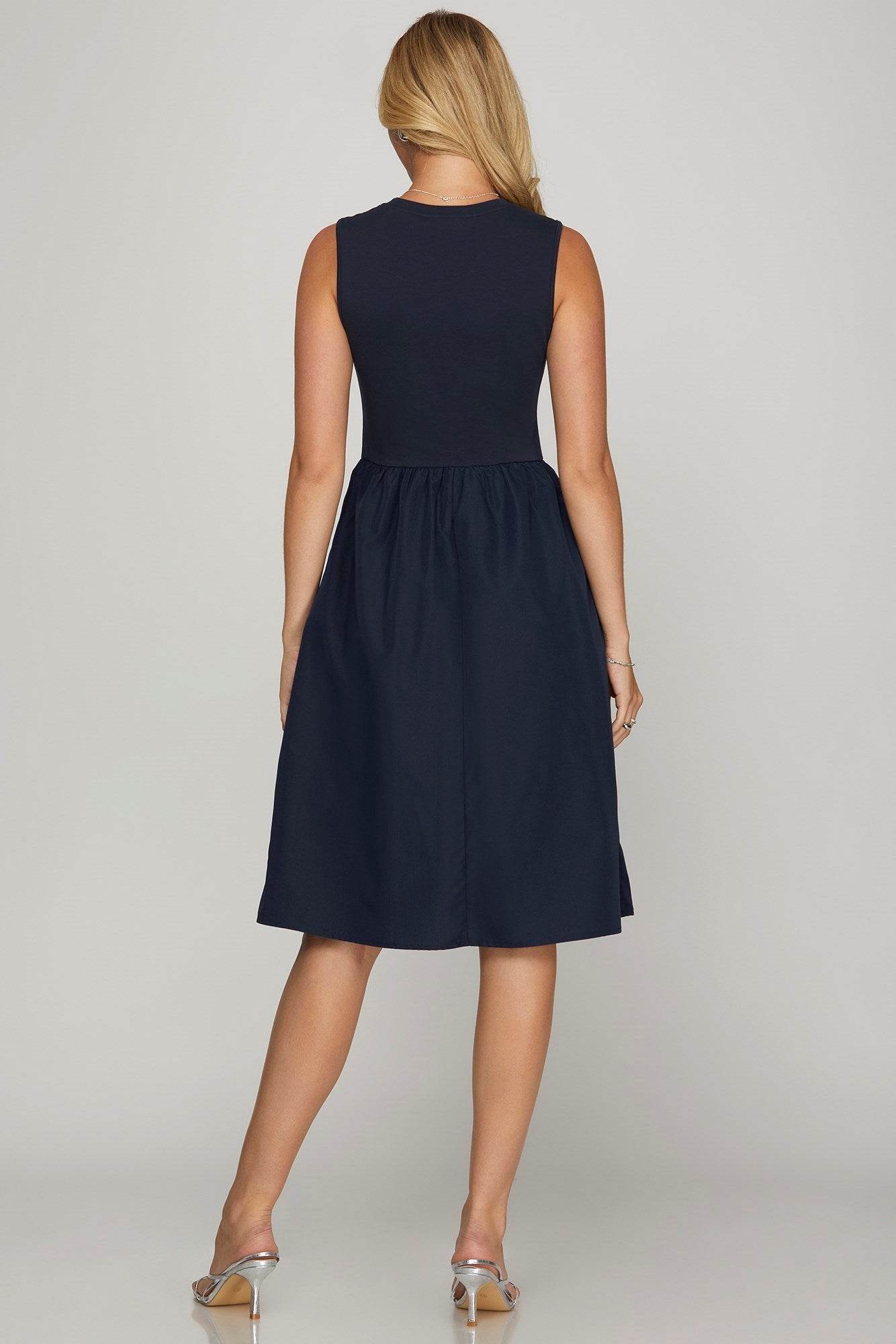 She + Sky Full Size Sleeveless Poplin Woven Midi Dress with Pockets Plus Size