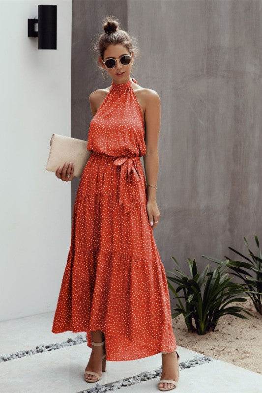 Tie Back Polka Dot Ruffle Hem Halter Dress