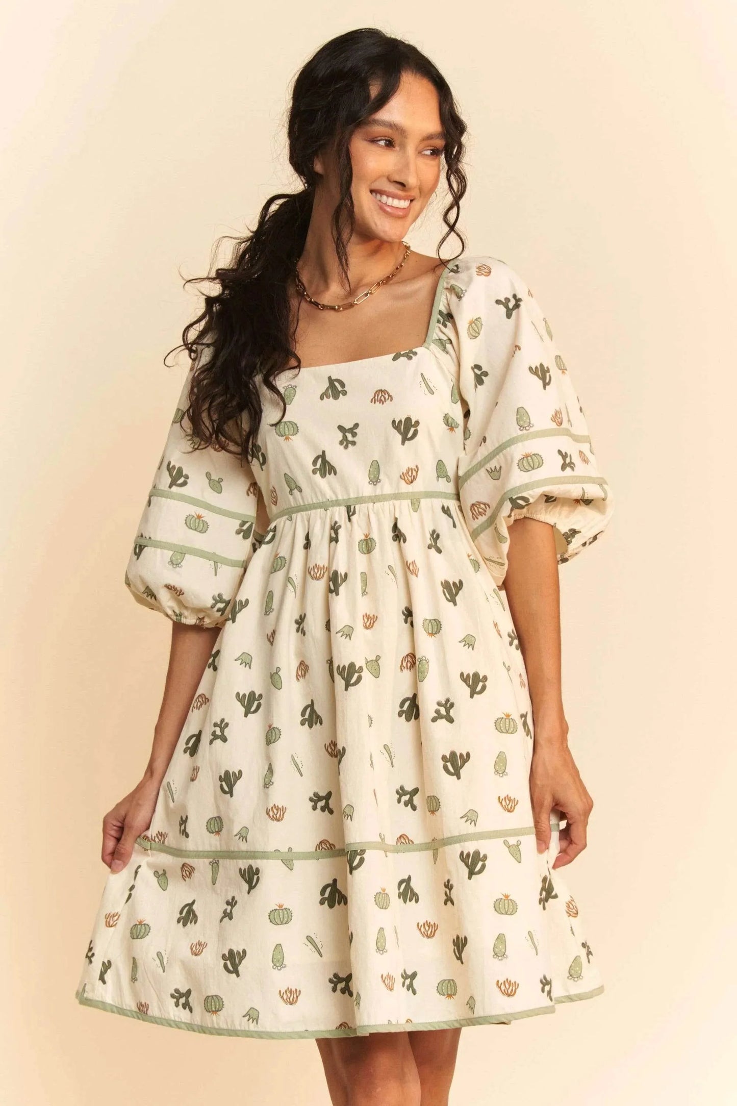 Davi & Dani Cactus Printed Poplin Contrast Piping Mini Dress