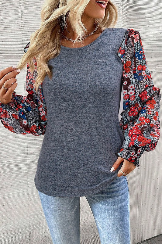 Women Ruffle Tiered Floral Sleeve Crew Neck Blouse