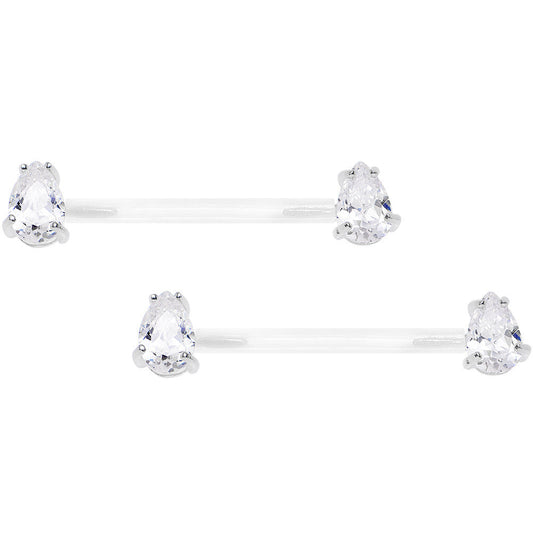 13/16 925 Silver Clear Gem Bioplast Teardrop Nipple Ring Set