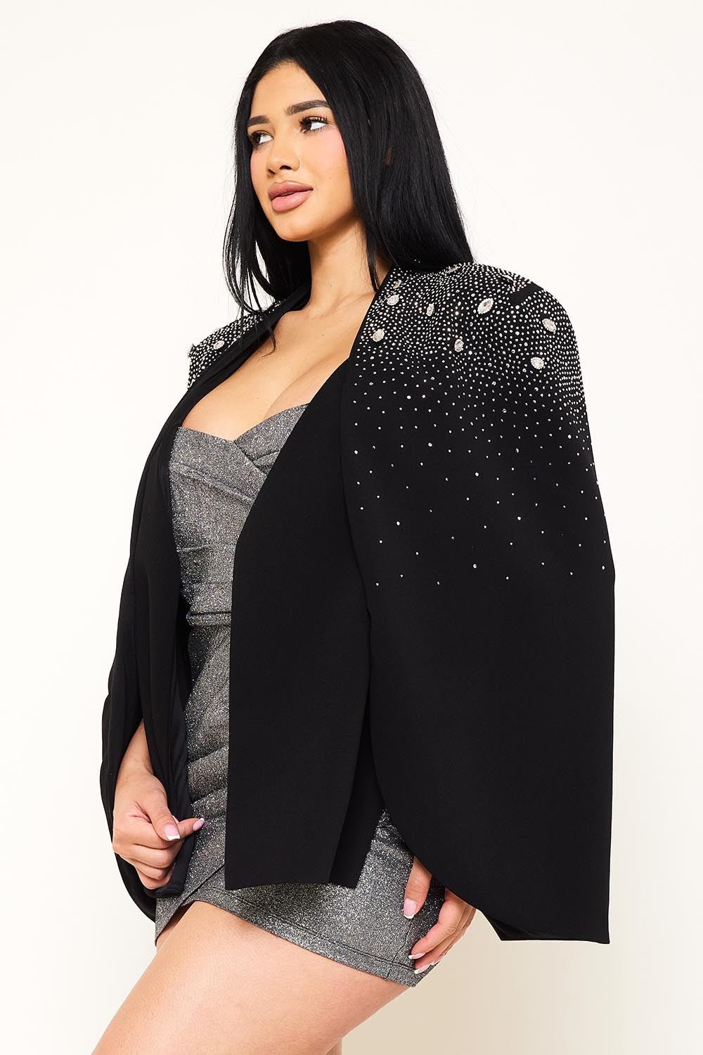 Anastasia Rhinestone Cape Jacket – Luxury Shawl Collar Slim Fit Blazer