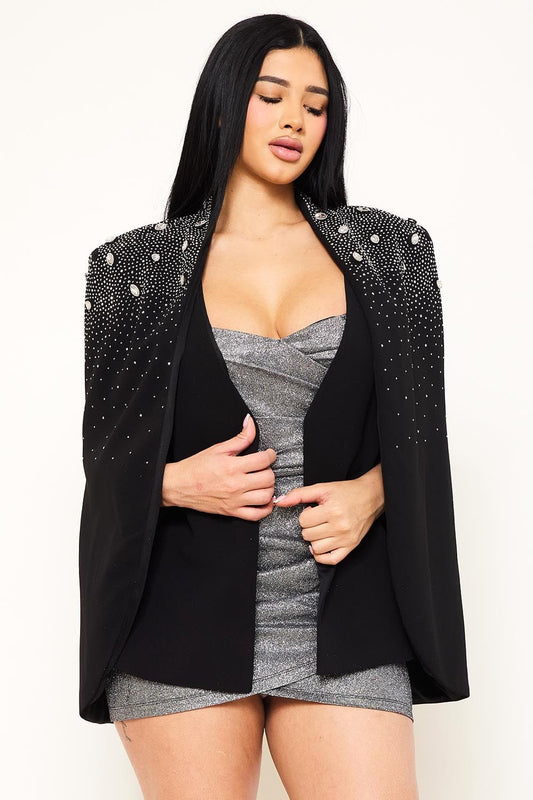 Anastasia Rhinestone Cape Jacket – Luxury Shawl Collar Slim Fit Blazer