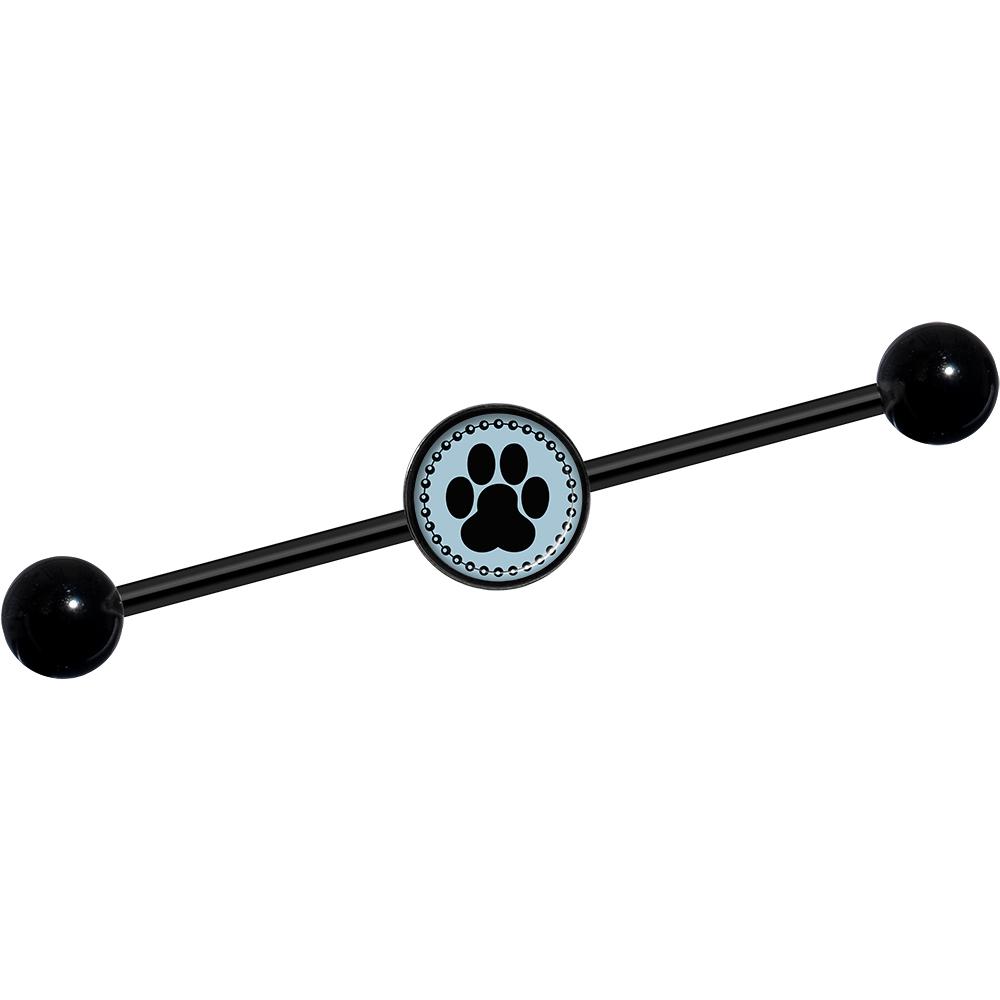 14G Black on Blue Paw Print Black Industrial Barbell 37mm