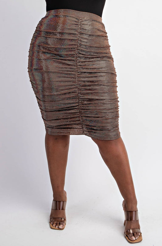 Athena Plus Size Skirt - Gold Ruched Below the Knee for Effortless Elegance