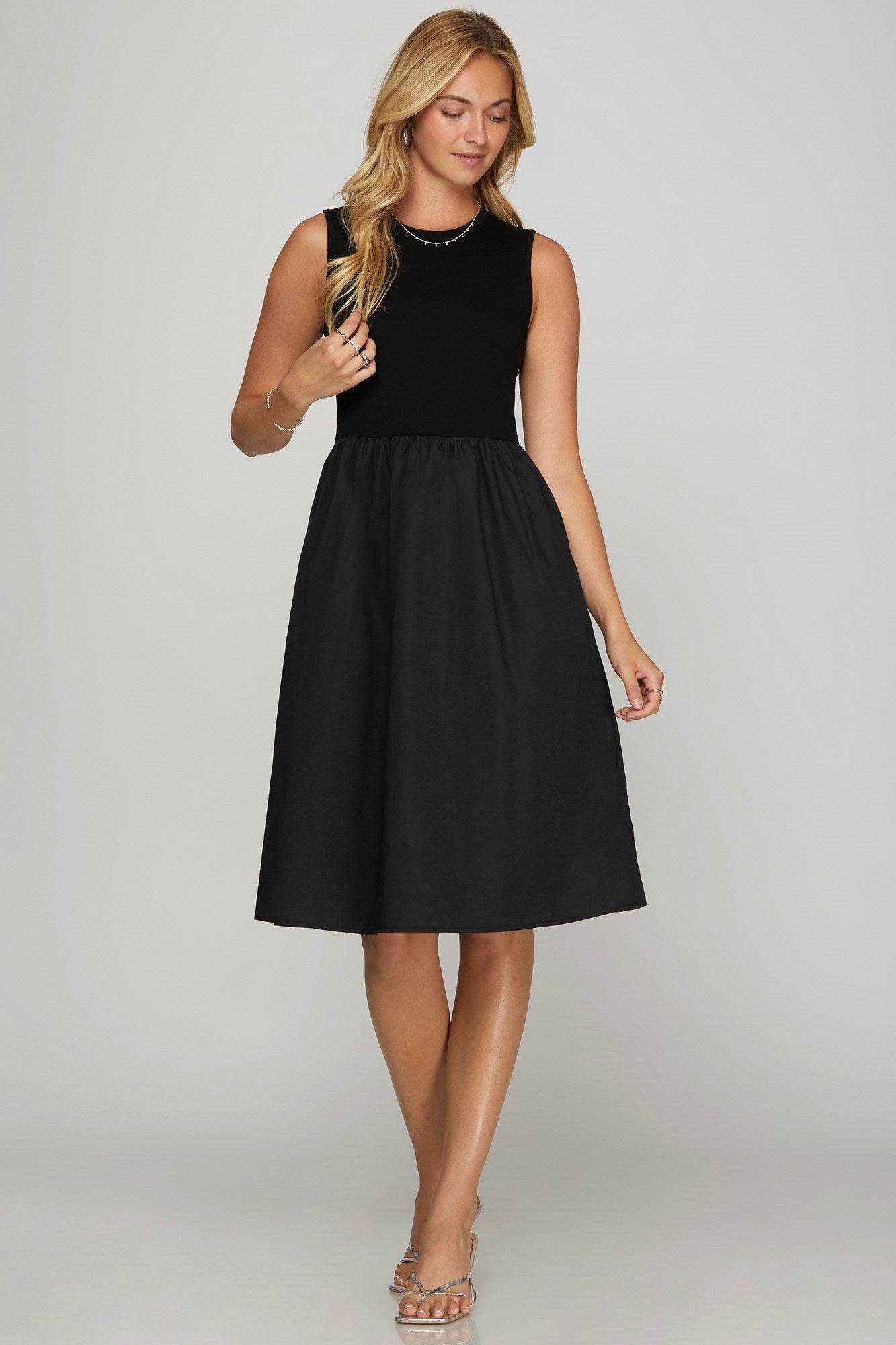 She + Sky Full Size Sleeveless Poplin Woven Midi Dress with Pockets Plus Size