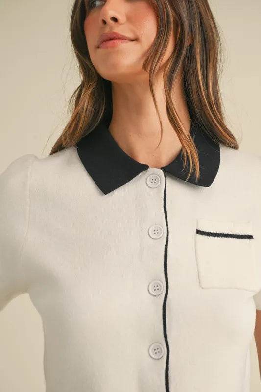 MABLE Button Down Contrast Collared Knit Cardigan